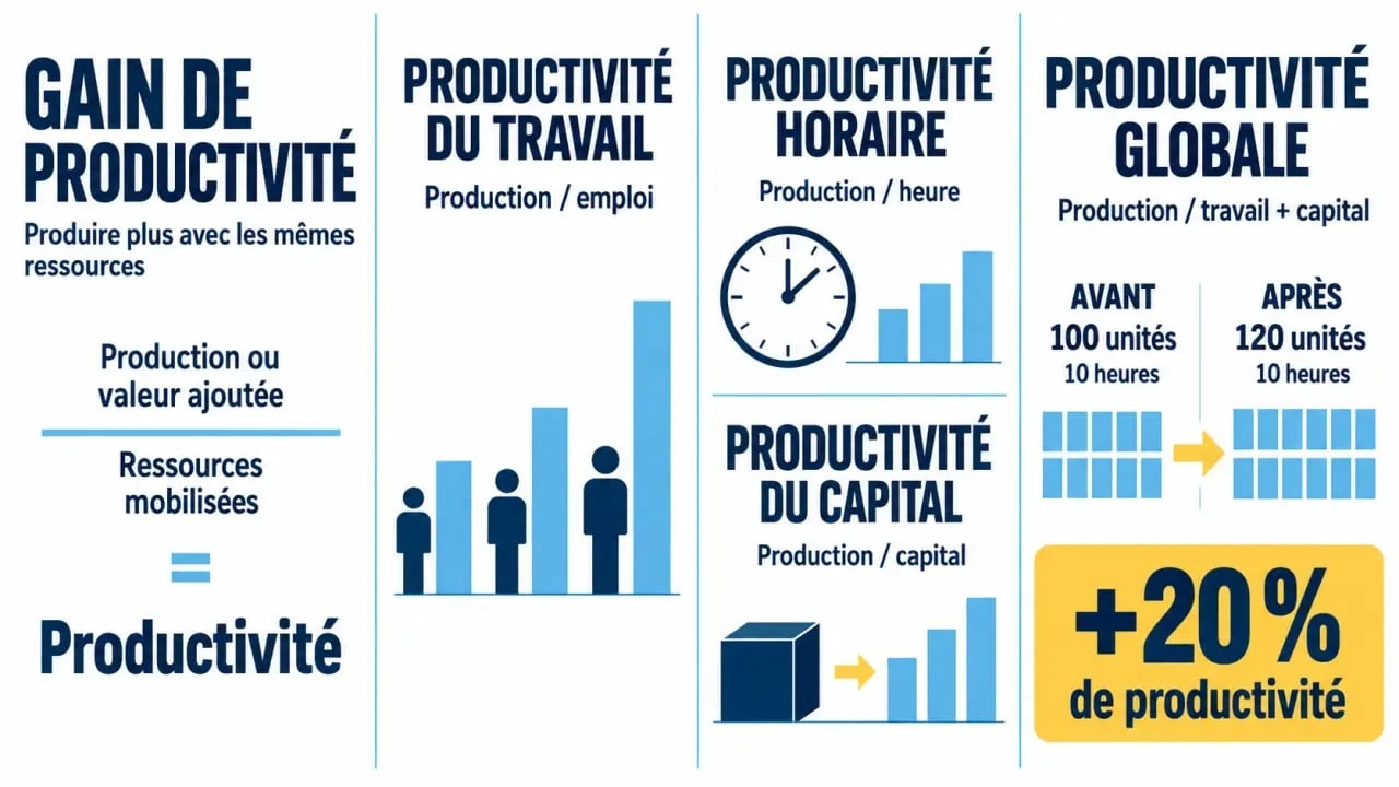Infographie sur le gain de productivité, ses formules et ses principaux indicateurs