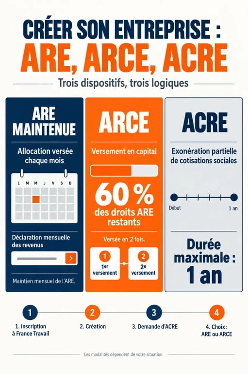 ARE et création entreprise : infographie comparant le maintien de l'ARE, l'ARCE et l'ACRE