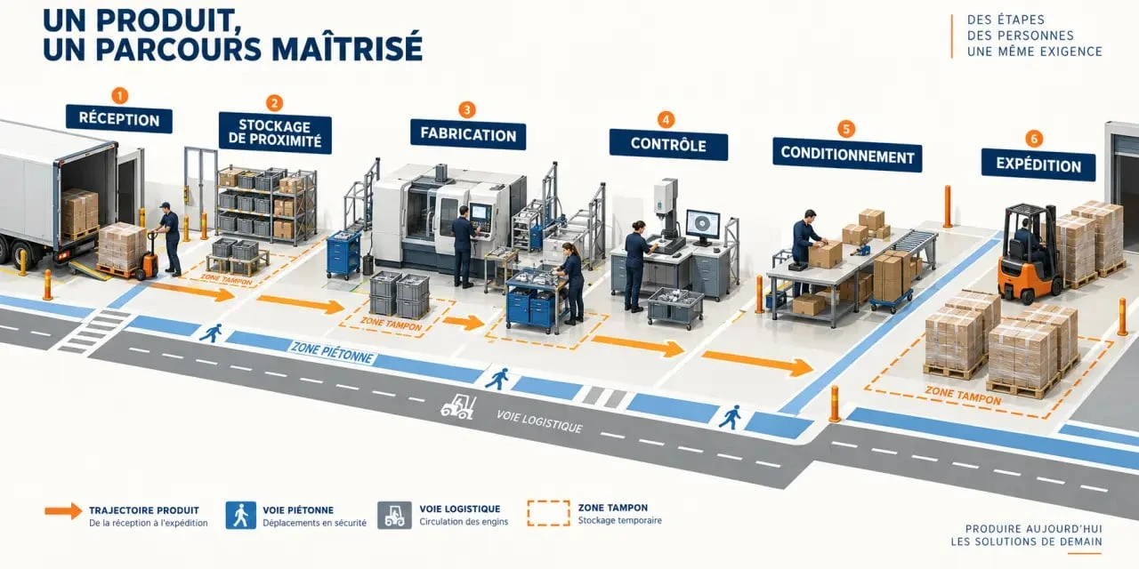 Organisation d’atelier de production avec visualisation des flux entre les zones de travail