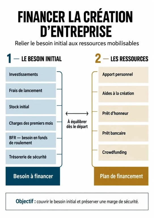 Infographie financer creation entreprise : besoins et ressources du plan de financement
