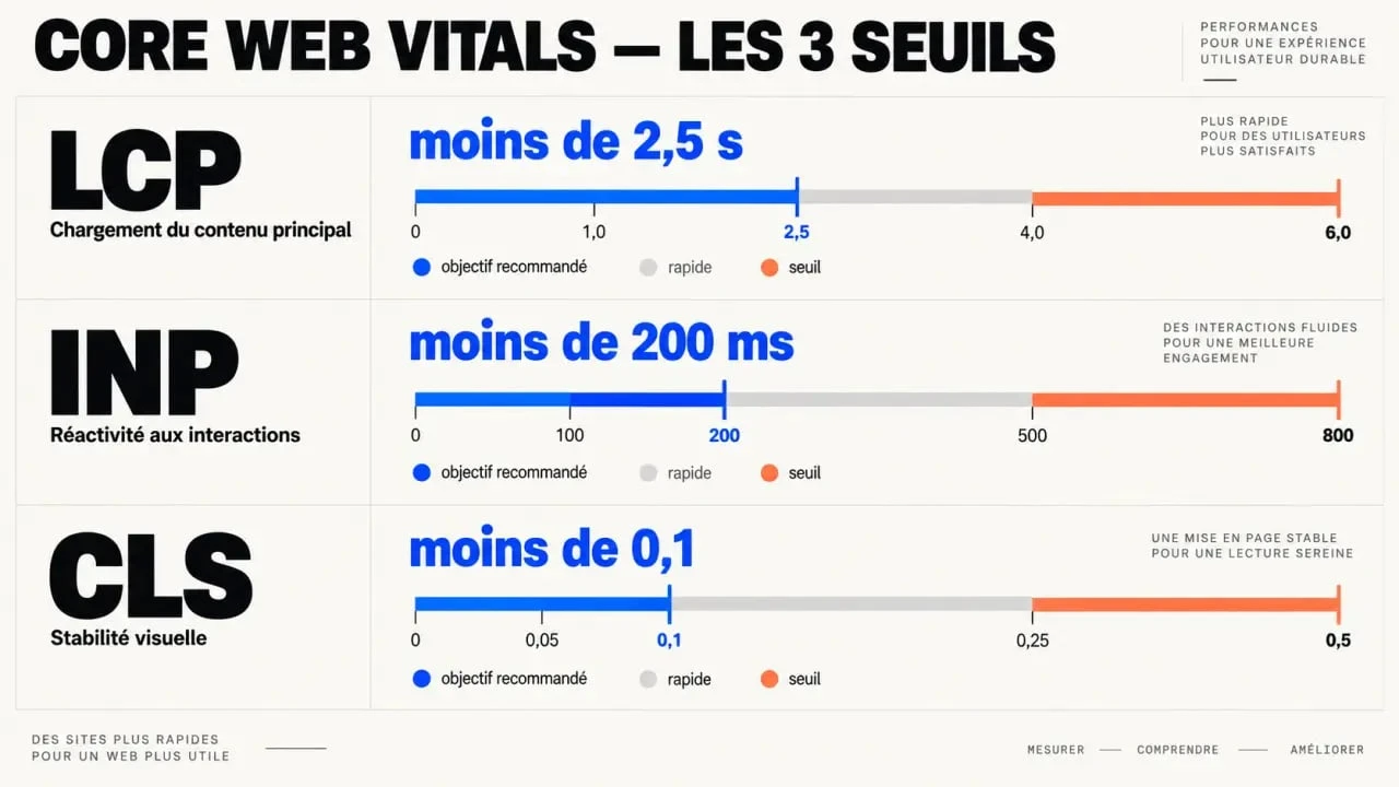 Seuils Core Web Vitals pour le SEO technique : LCP, INP et CLS