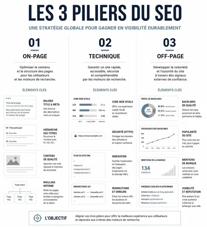 Schéma des techniques de SEO marketing on-page, technique et off-page