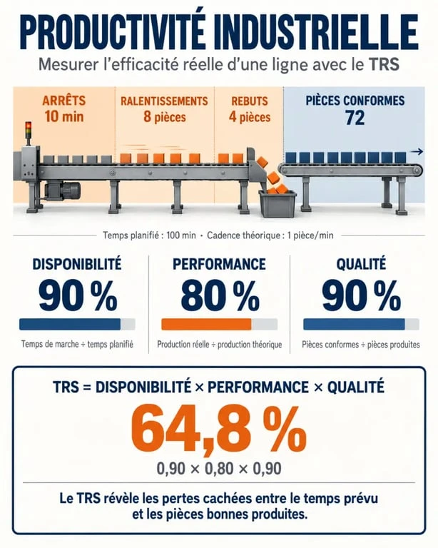 Infographie sur la productivité industrielle et les trois composantes du TRS
