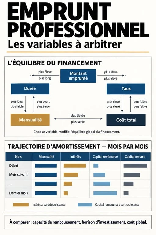 Infographie sur les variables d'un emprunt professionnel et son tableau d'amortissement