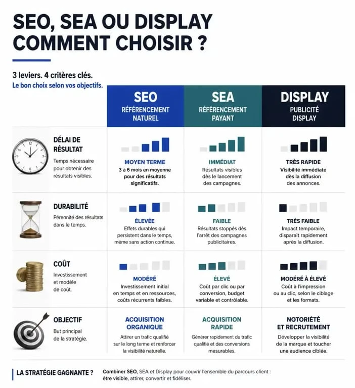 Comparatif SEO vs SEA vs Display pour une stratégie de marketing digital efficace