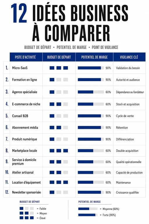 Infographie idée business comparant 12 pistes selon budget, marge et difficulté