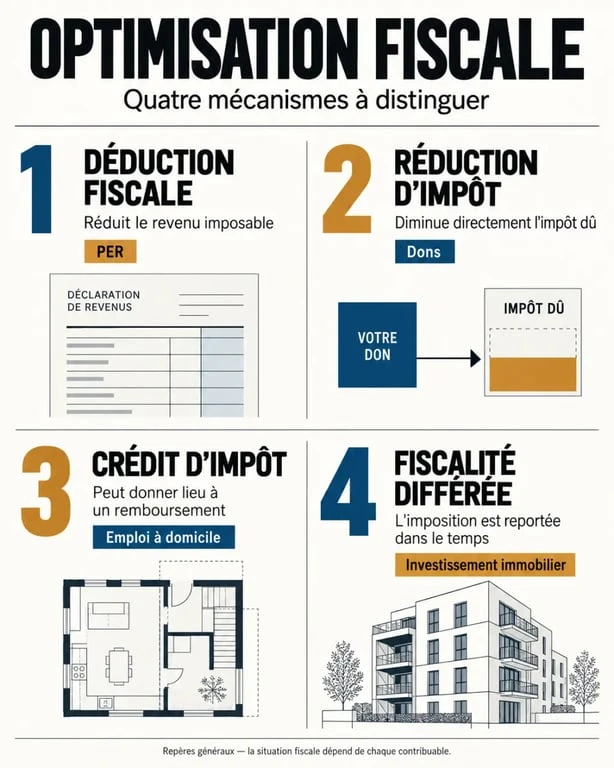Infographie sur les mécanismes pour optimiser sa fiscalité en France