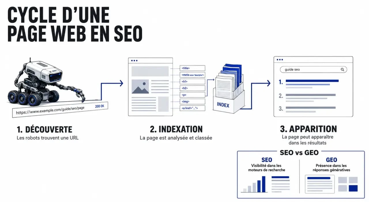 Optimisation pour les moteurs de recherche : schéma du cycle exploration, indexation et affichage