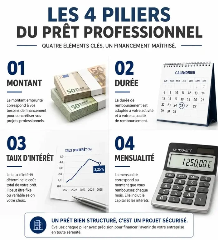 Infographie des 4 piliers pour réussir sa simulation de pret professionnel