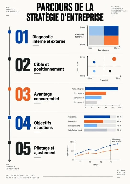 Infographie du parcours de stratégie d’entreprise, du diagnostic au pilotage