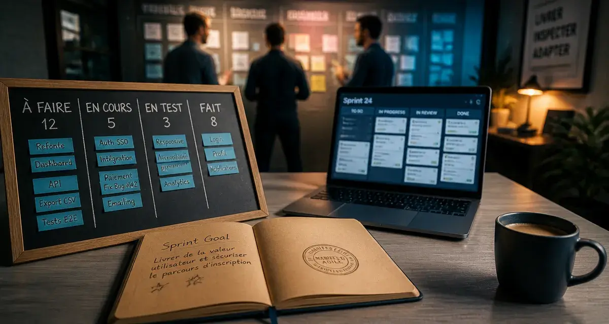 Gestion de projet agile : sprint, Kanban et post-its sur tableau