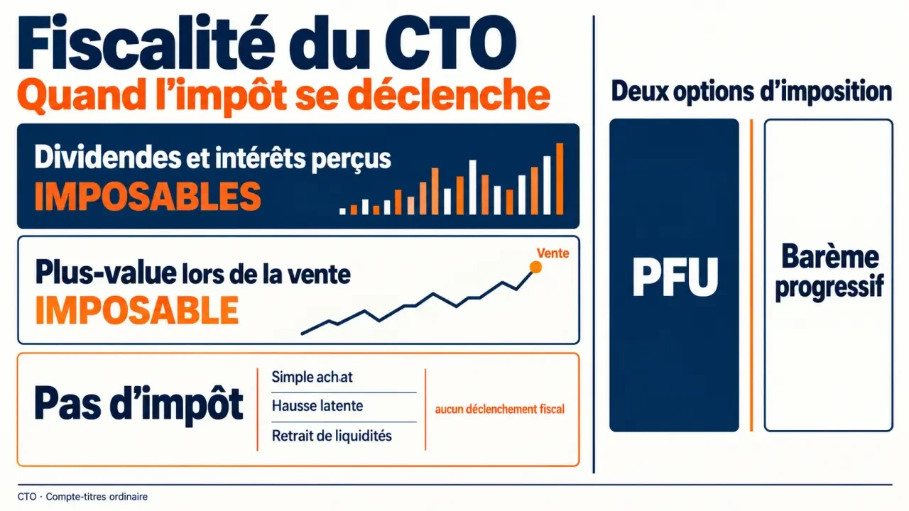 Infographie sur la fiscalité CTO et les opérations qui déclenchent l'impôt