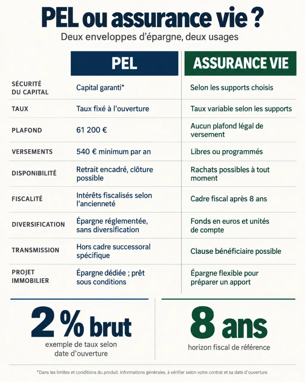 Infographie comparative PEL ou assurance vie : rendement, fiscalité, risque et disponibilité