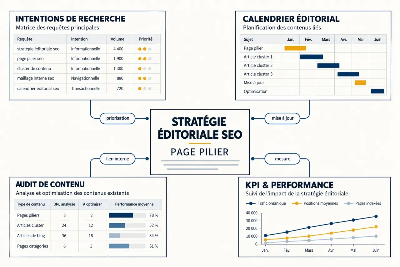 Architecture d’une stratégie éditoriale pour le SEO avec page pilier, clusters et maillage interne