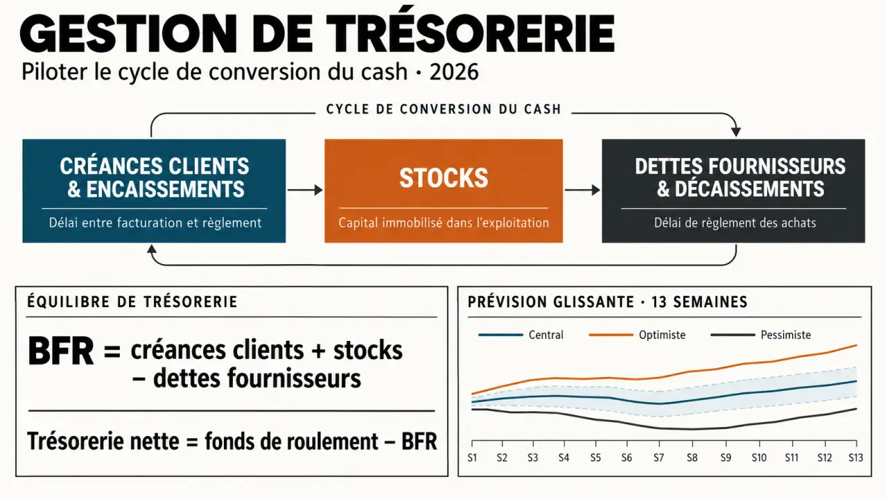 Infographie sur les stratégies de gestion de trésorerie pour les entreprises en 2026, le BFR et la prévision à 13 semaines